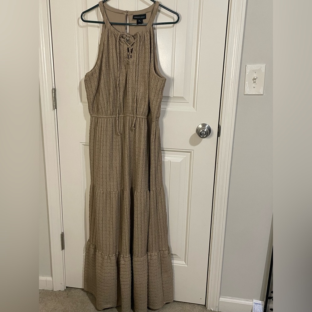 Sleeveless Taupe Maxi Dress with Lace-Up Neckline